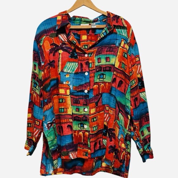Chicos Linen Button Up Multicolor Village City Artsy Colorful Womens XL 3 - Picture 5 of 12